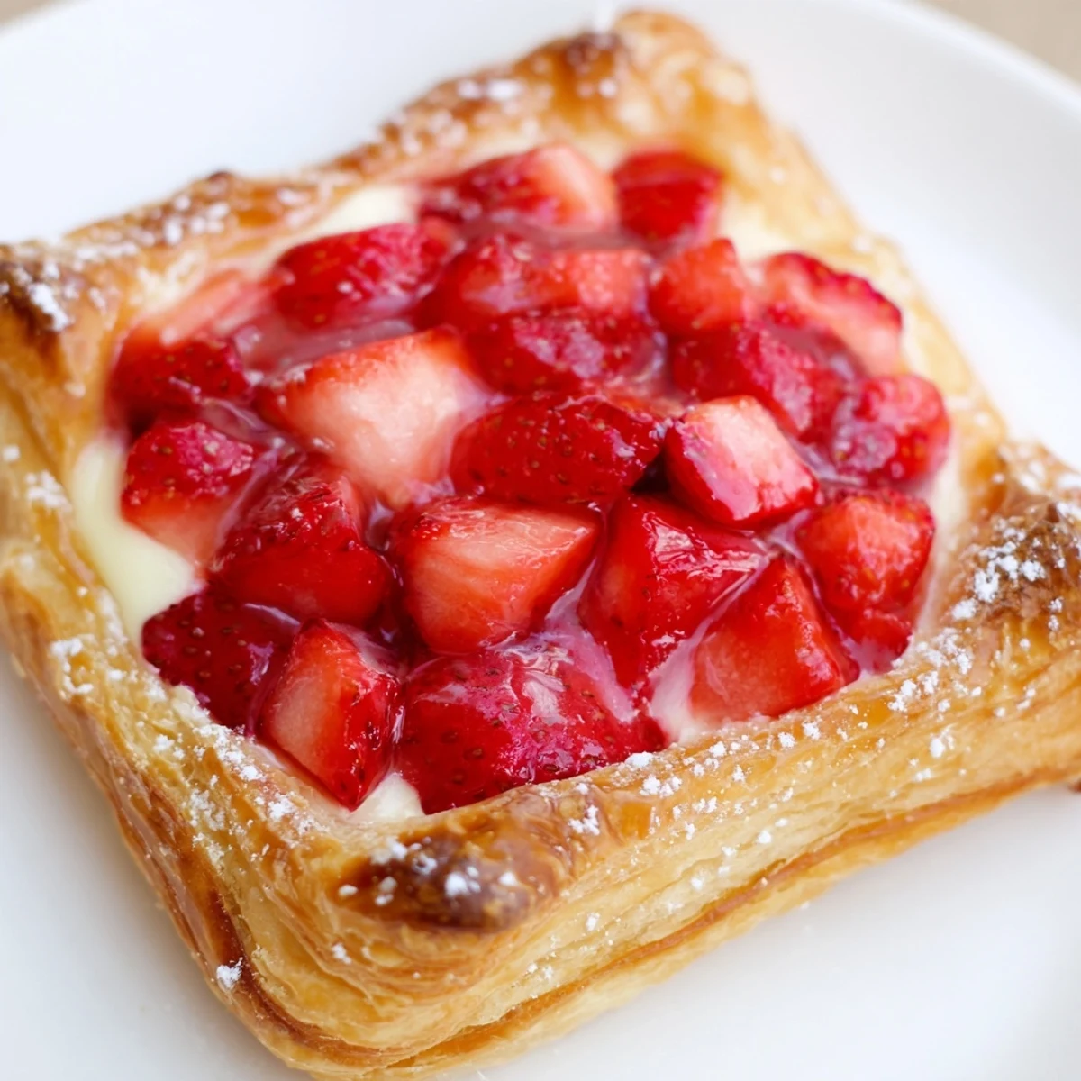 Fresh-baked Strawberry Danish Recipe on parchment, warm, cream cheese oozing.