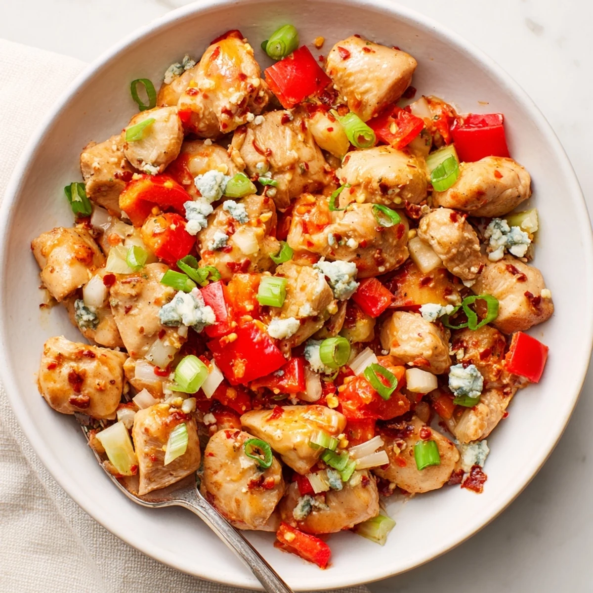 Keto Buffalo Chicken Skillet sizzling in pan with creamy sauce and cheese