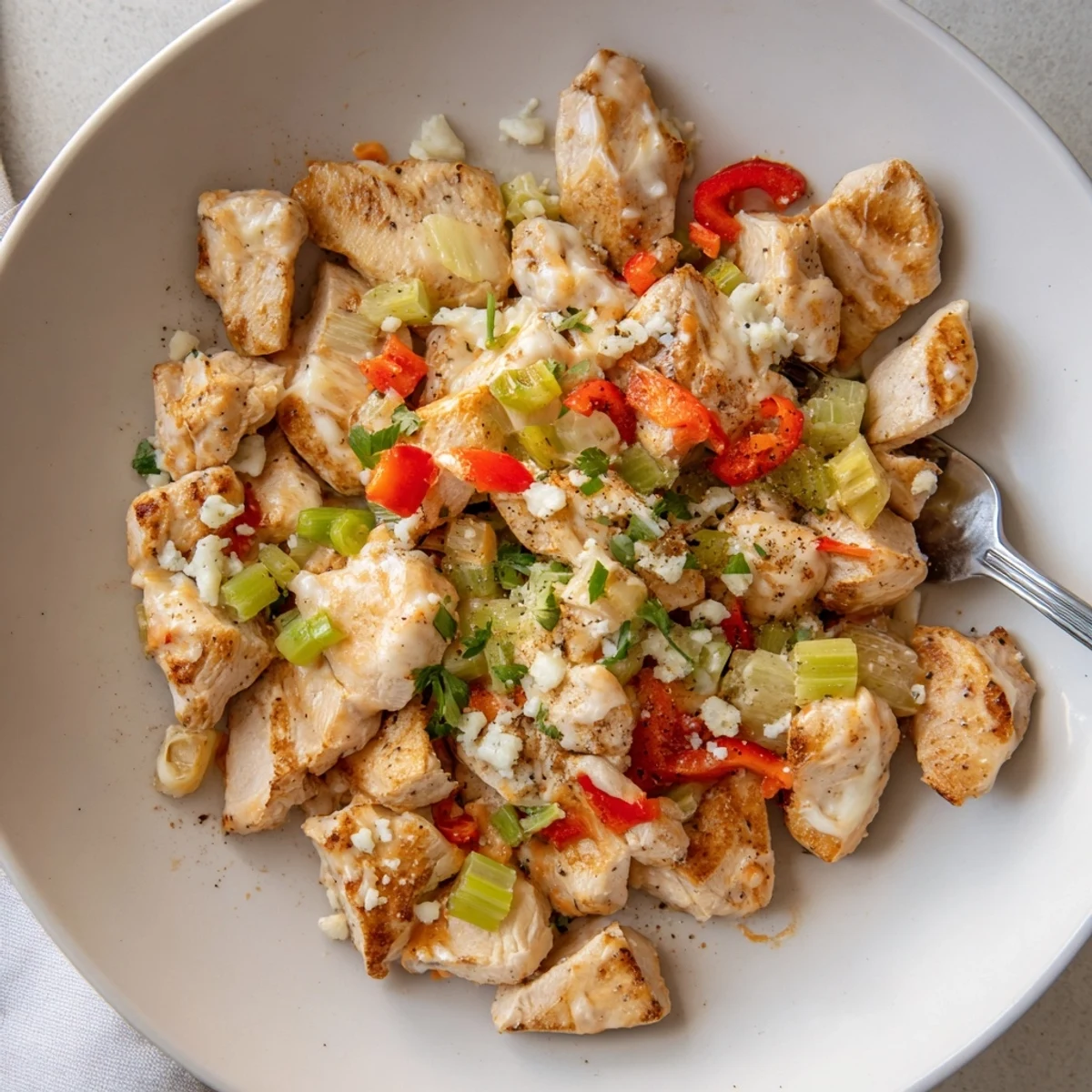 Creamy Keto Buffalo Chicken Skillet topped with crumbled blue cheese, parsley