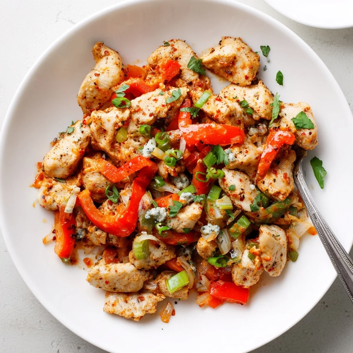 One-pan Keto Buffalo Chicken Skillet with tender peppers, celery, spicy sauce