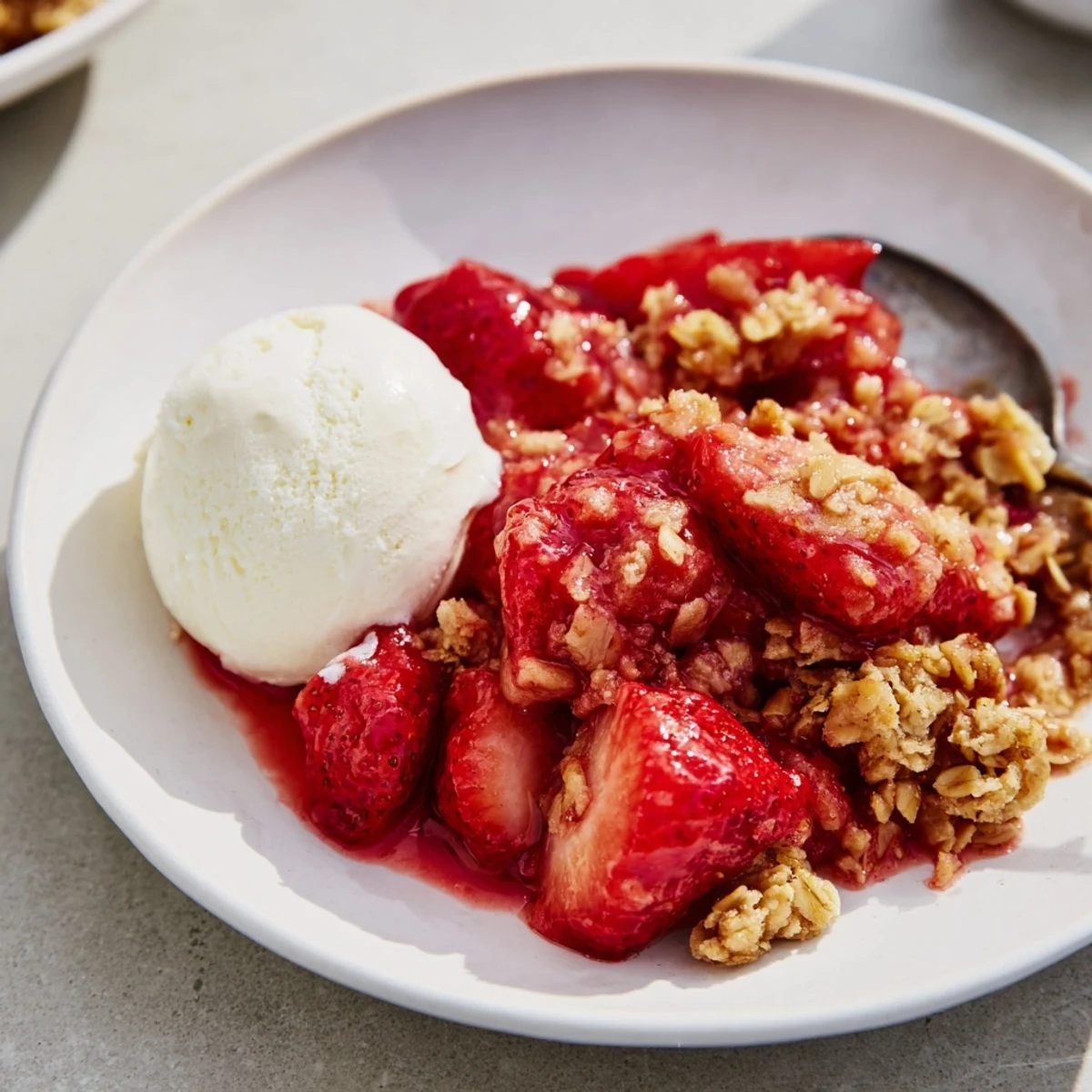 Fresh Strawberry Crisp Recipe bubbling with juicy strawberries under golden oat topping