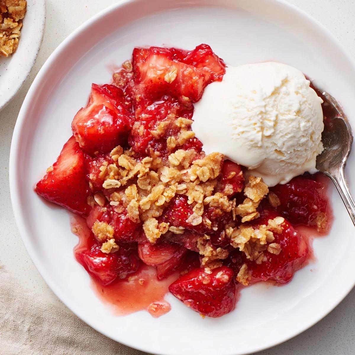 Warm Fresh Strawberry Crisp Recipe served with melting vanilla ice cream