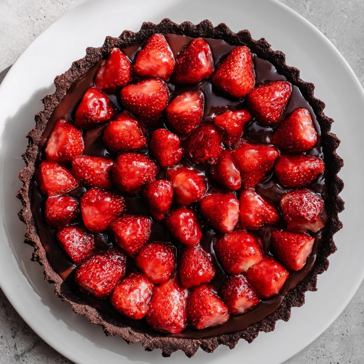 Sliced Dark Chocolate Strawberry Tart cooling on counter, ready to serve.