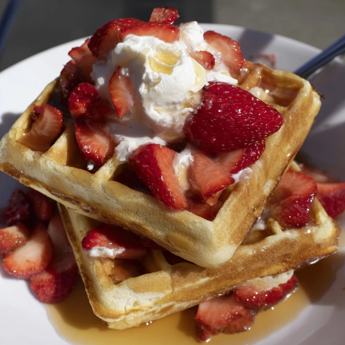 Golden, crisp Strawberry Waffles Recipe topped with whipped cream and maple syrup
