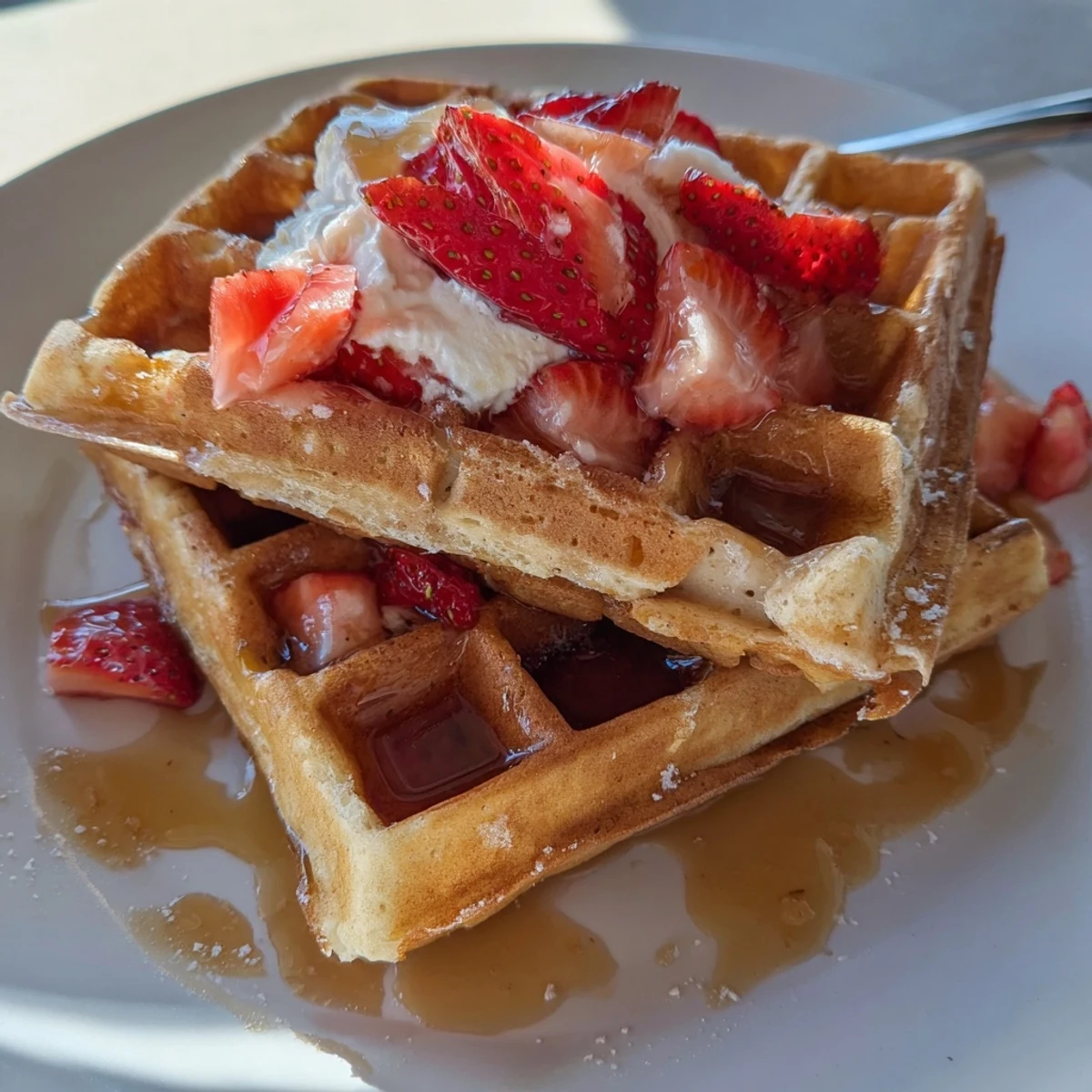Morning plate of warm Strawberry Waffles Recipe with diced berries and butter