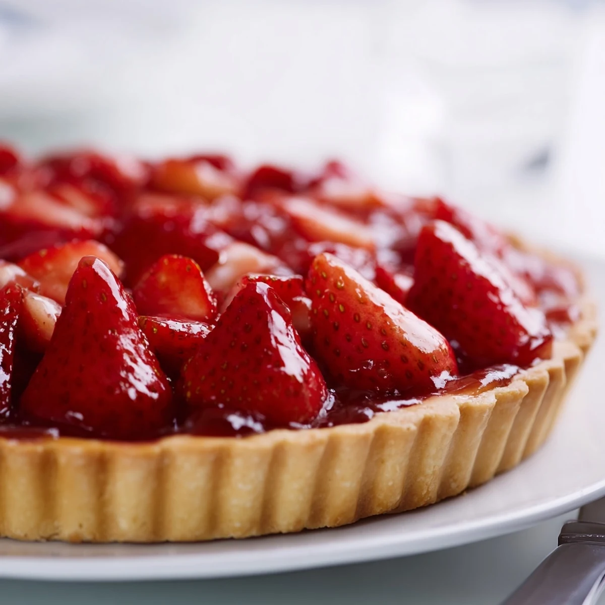 Tarte aux Fraises on a golden crust, glossy fresh strawberries, spring dessert
