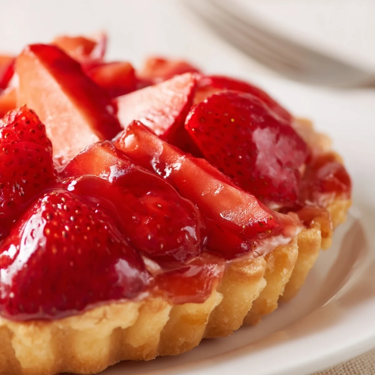 Sliced Tarte aux Fraises with creamy pastry cream, chilled on plate