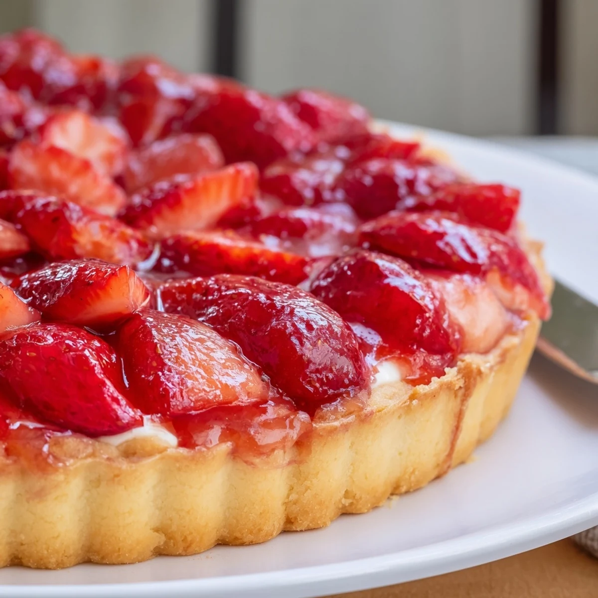 Homemade Tarte aux Fraises glazed with apricot jam, served with mint