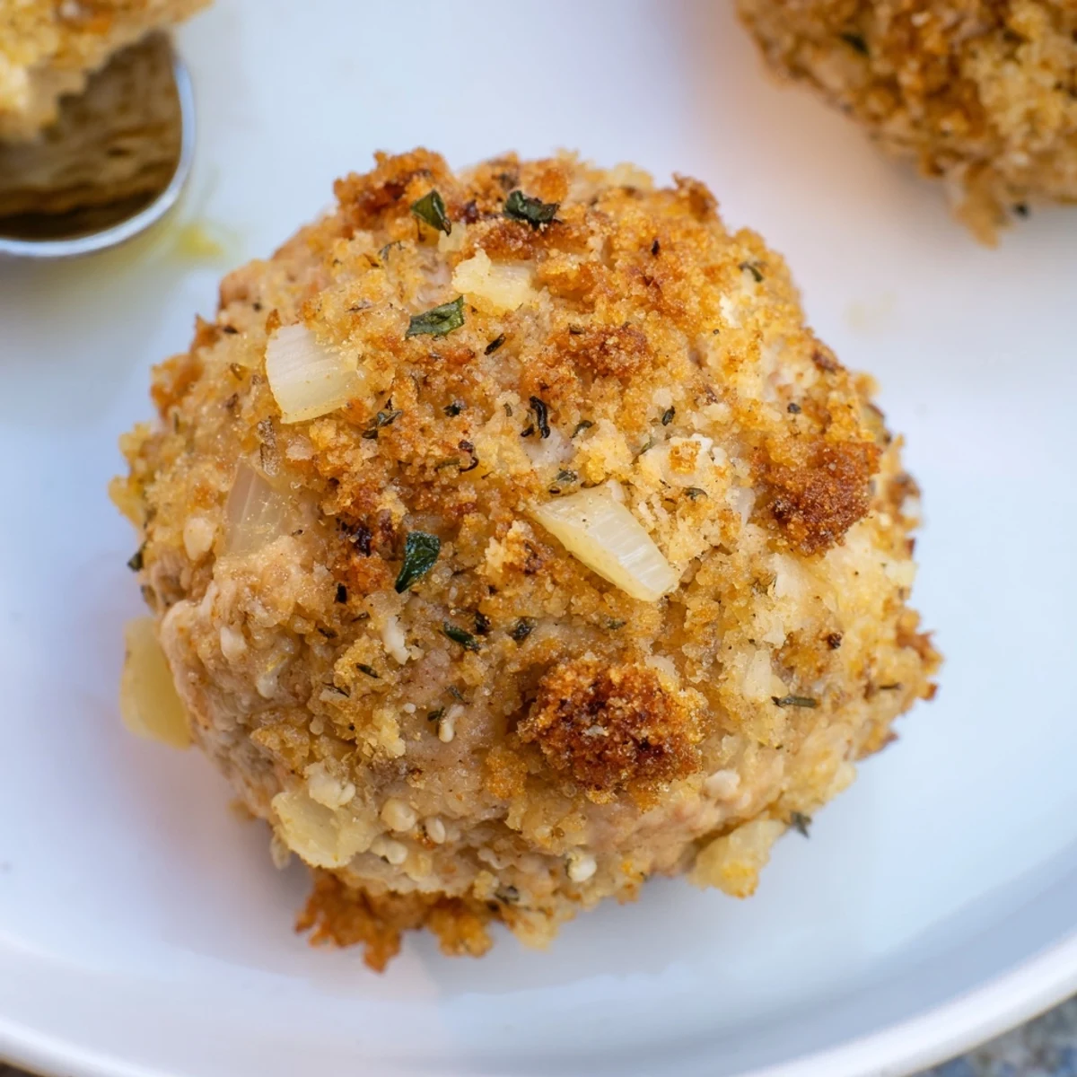 Baked Sage Onion Chicken Balls on parchment, juicy interior, herb-scented bite