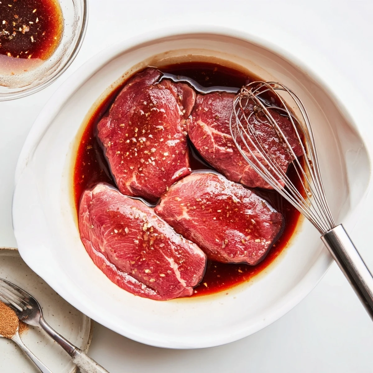 Glazed, garlicky Steak Marinade coating raw steaks, ready for backyard grilling