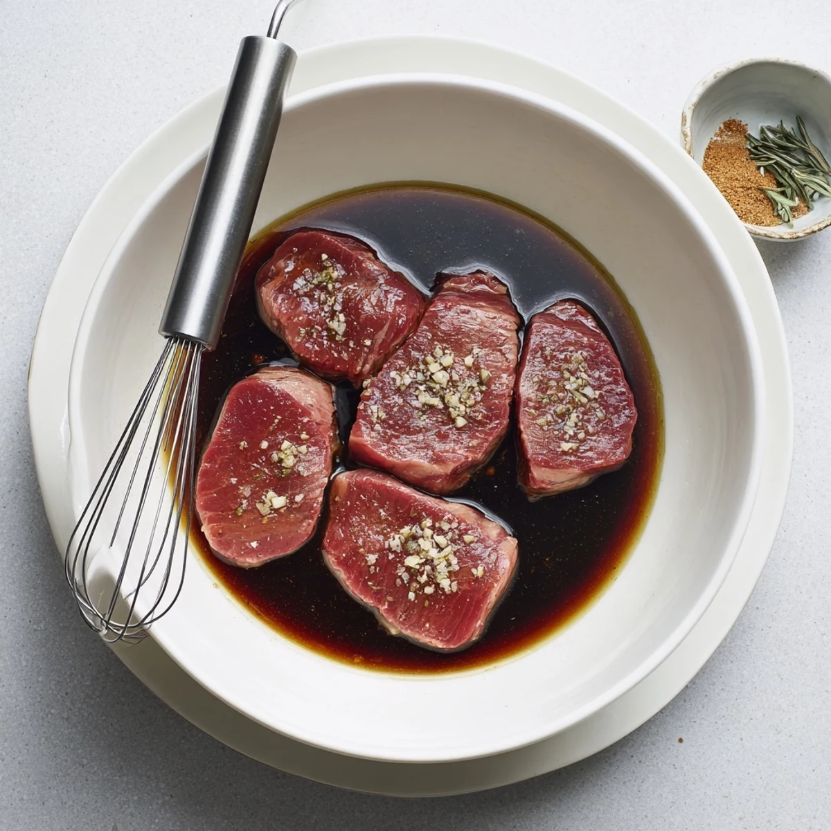 Citrusy, savory Steak Marinade in a bowl, whisked and aromatic