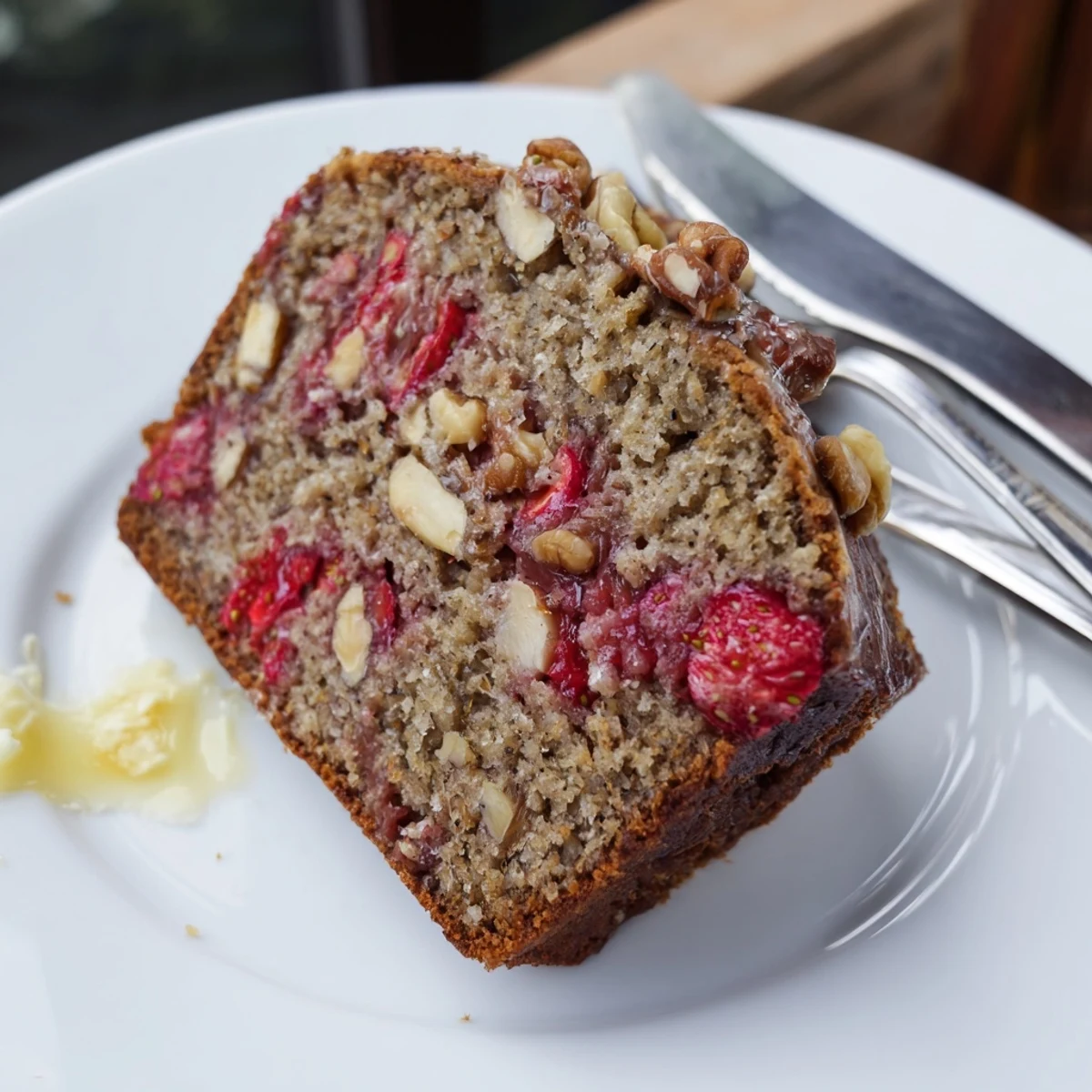 Strawberry Banana Bread Recipe, warm sliced loaf with glistening fruit chunks