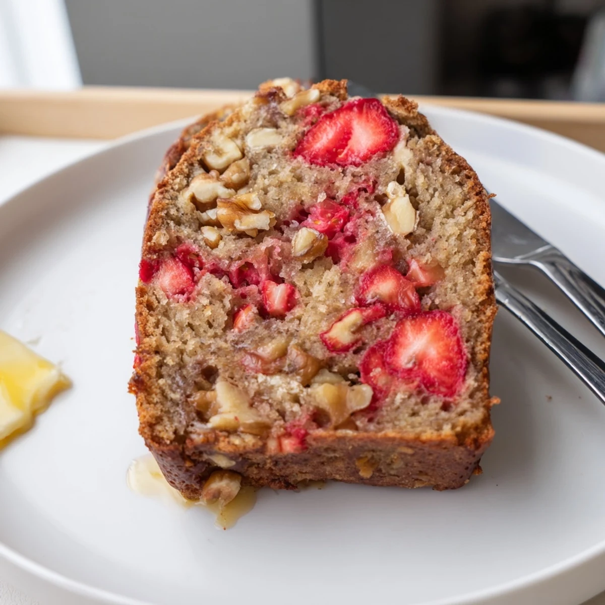 Serving suggestion: Strawberry Banana Bread Recipe with honey drizzle, tender crumb