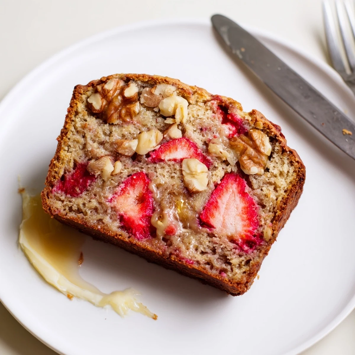 Fresh-baked Strawberry Banana Bread Recipe on wire rack, butter melting