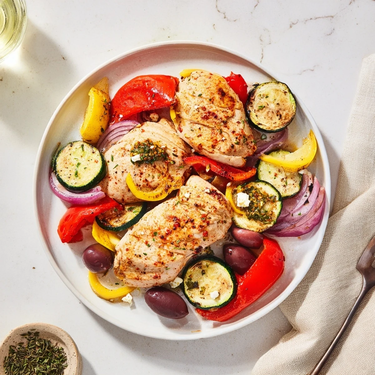 Sheet Pan Mediterranean Chicken Zucchini with golden roasted vegetables and lemony juices.