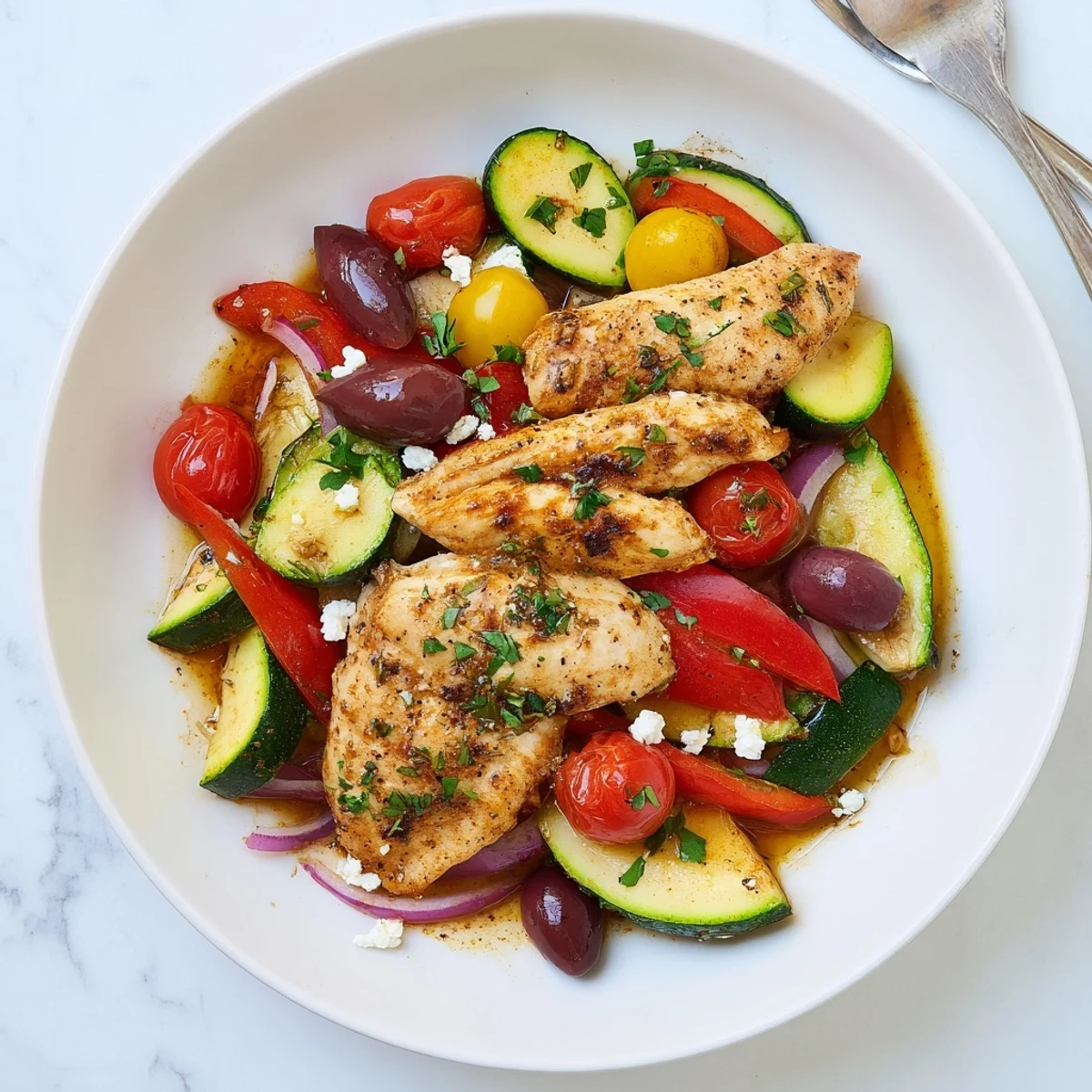 Aromatic lemon-herb Sheet Pan Mediterranean Chicken Zucchini resting, tomatoes blistered.