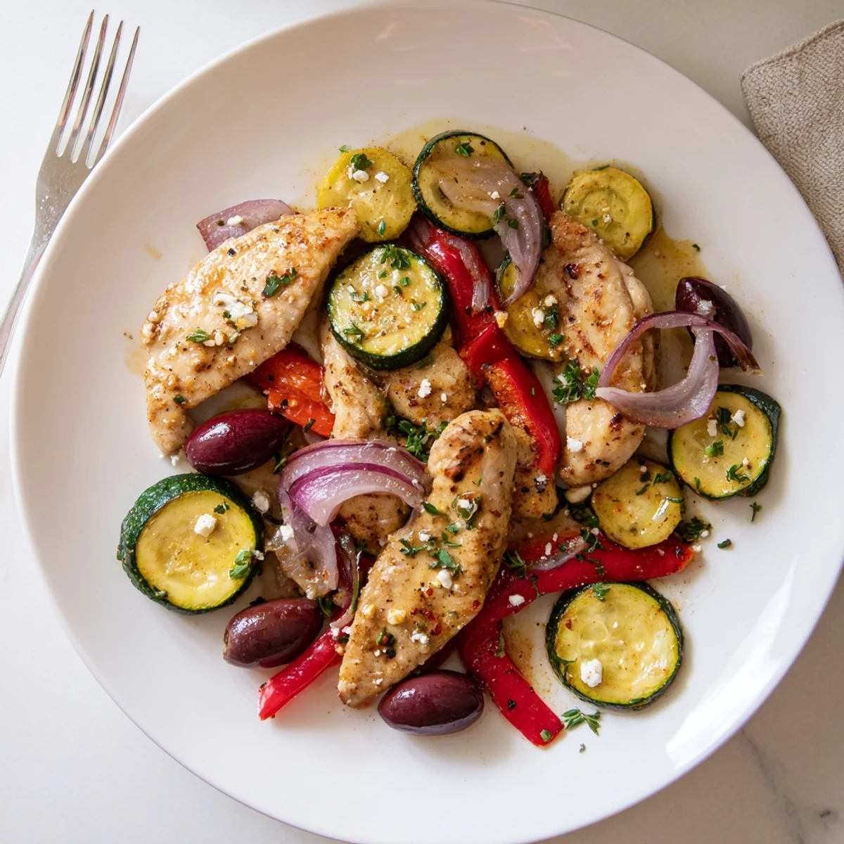 Roasted Sheet Pan Mediterranean Chicken Zucchini garnished with feta, olives, fresh parsley.