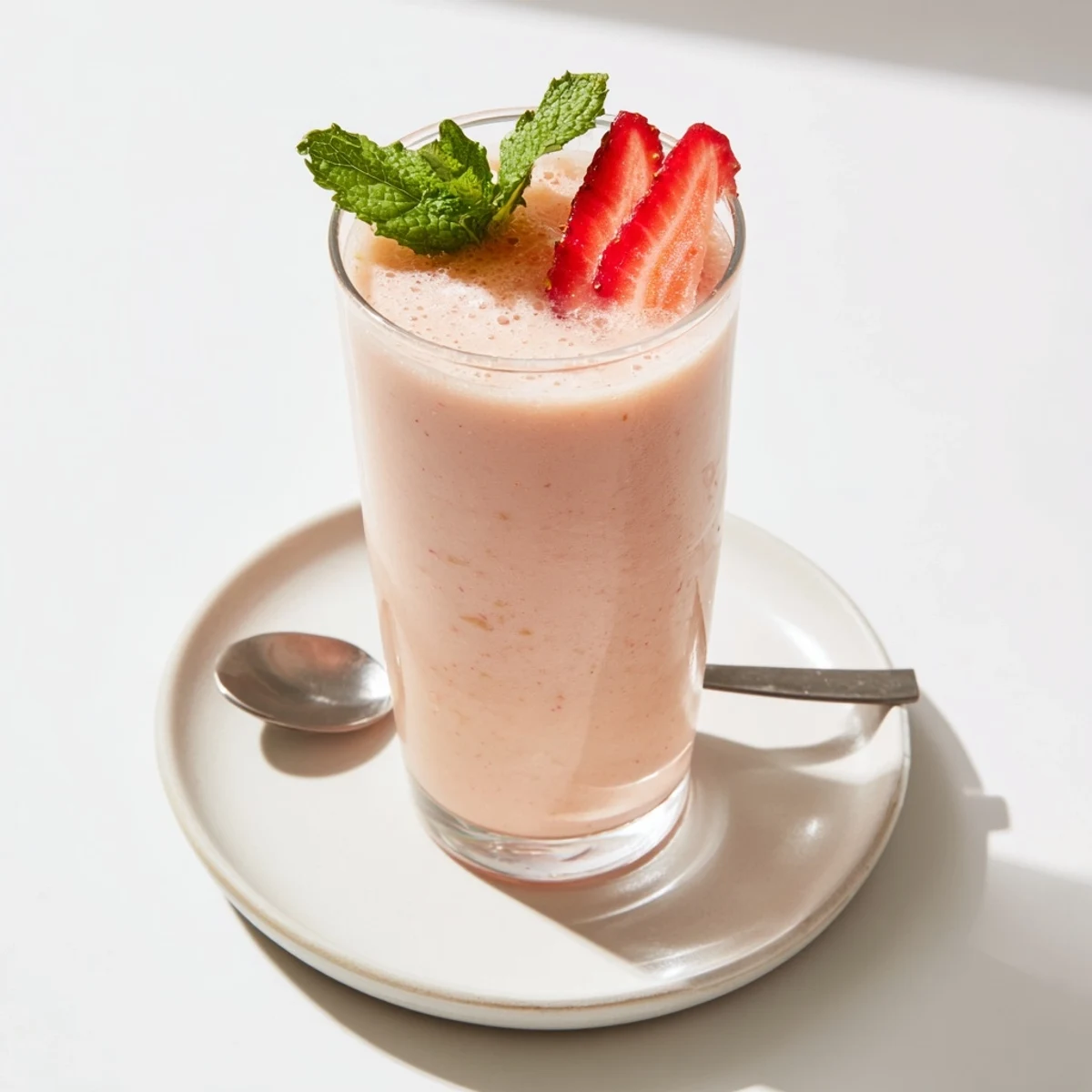 Strawberry Coconut Cooler Recipe in chilled glasses, frothy pink drink garnished with mint