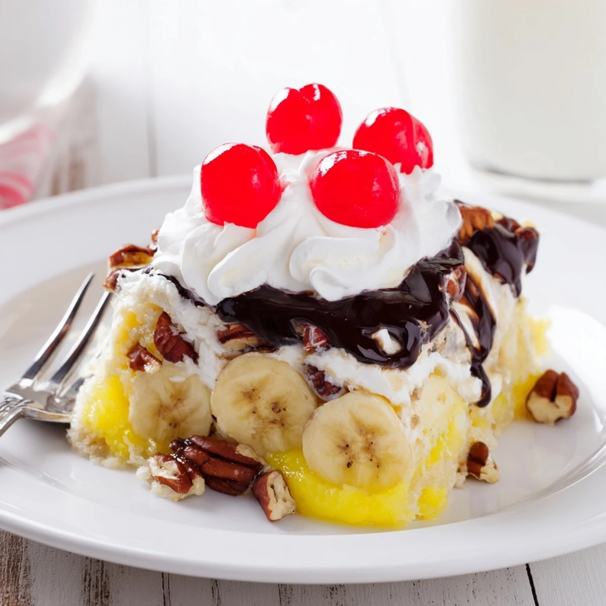 Warm Banana Split Dump Cake topped with whipped cream and cherries