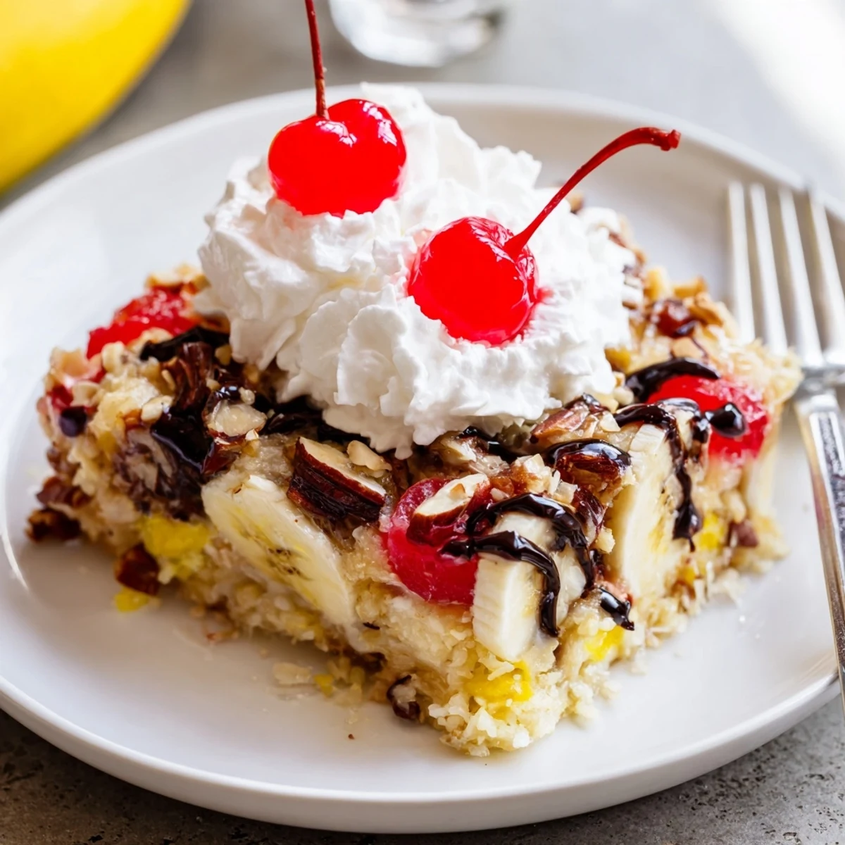Fresh-from-oven Banana Split Dump Cake in 9x13 baking dish, chocolate syrup drizzle