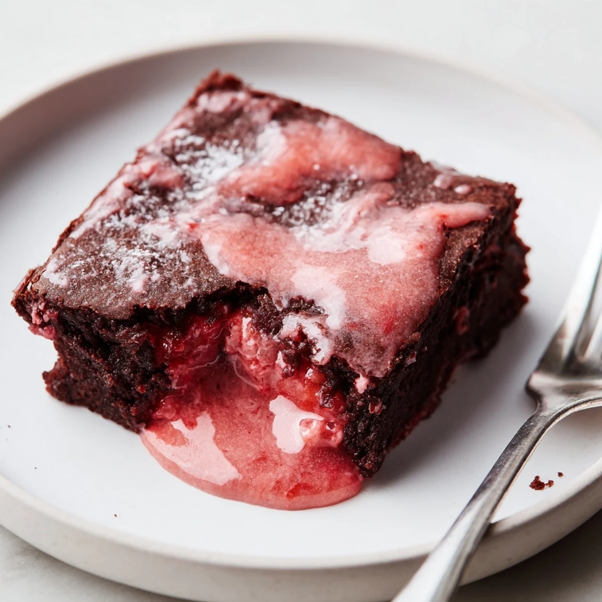 Strawberry Brownies Recipe: fudgy squares glazed with pink strawberry icing, served warm