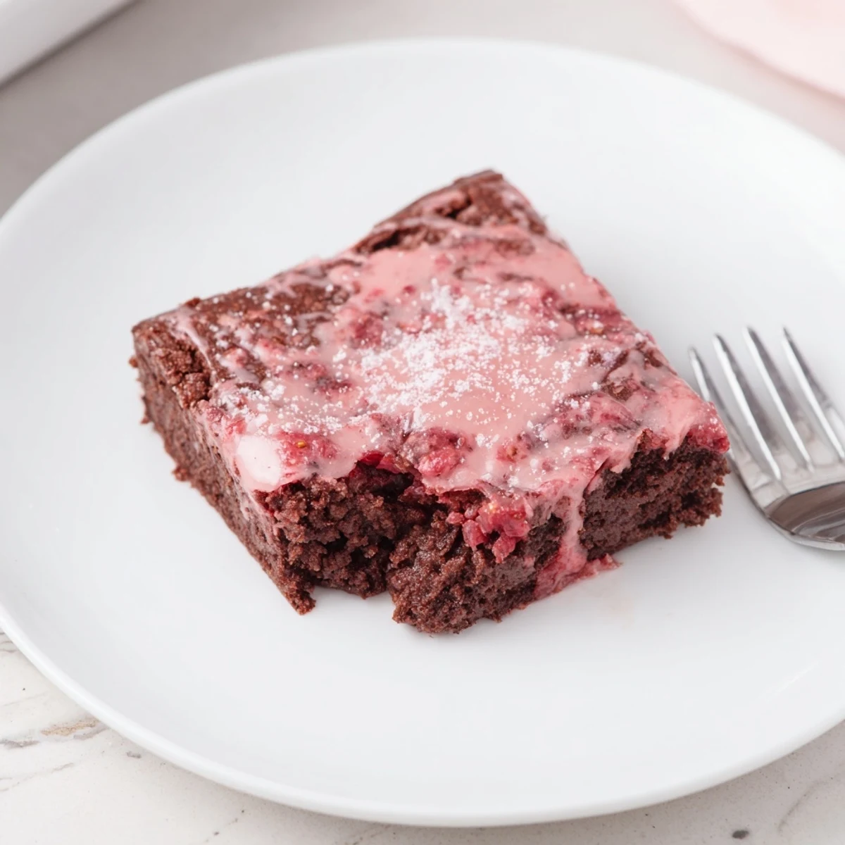 Homestyle Strawberry Brownies Recipe sliced into squares, drizzled glaze and vanilla whipped cream