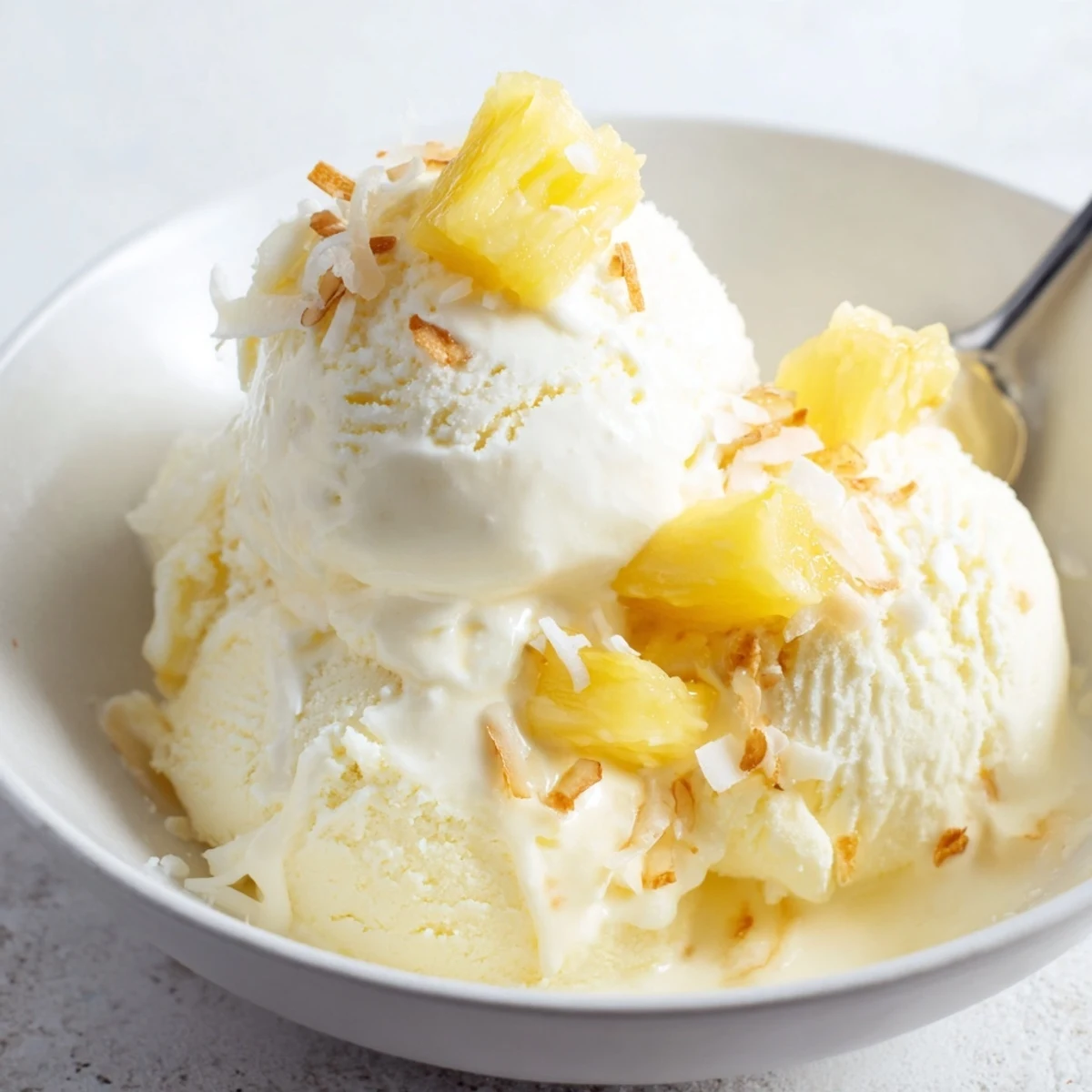 Chilled Creamy Pineapple Ice Cream nestled beside toasted coconut for summer