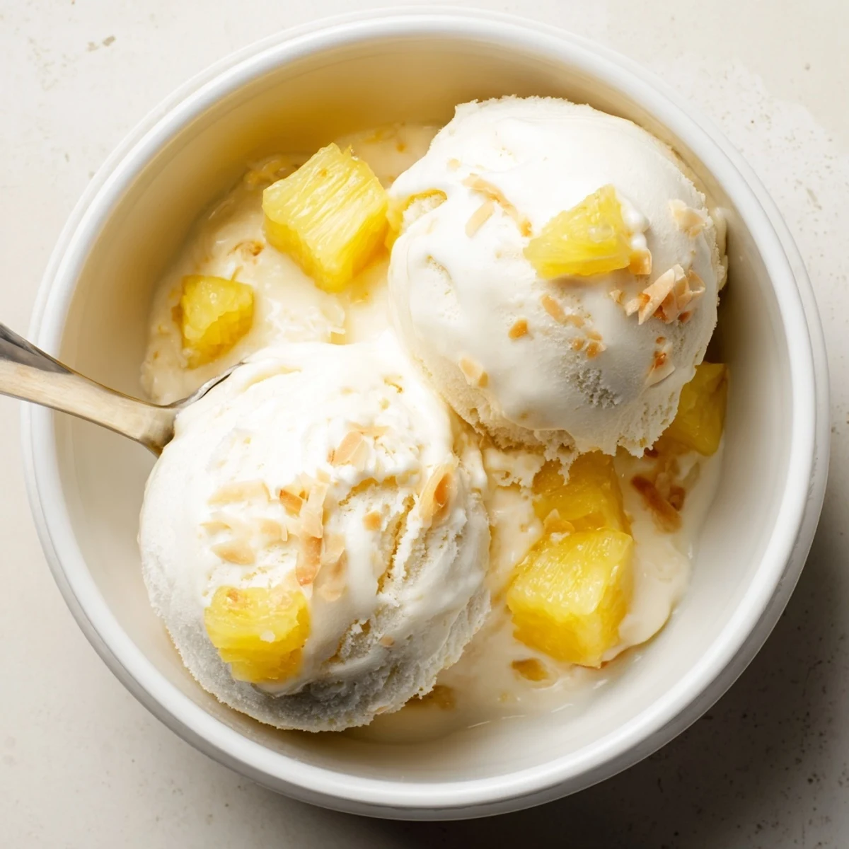 Homemade Creamy Pineapple Ice Cream with golden pineapple chunks and silky swirls