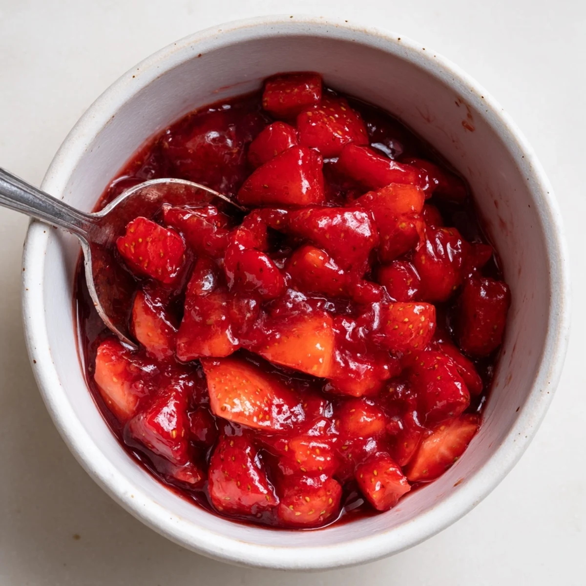 Strawberry cake filling recipe simmering in saucepan, releasing sweet-tart berry fragrance  