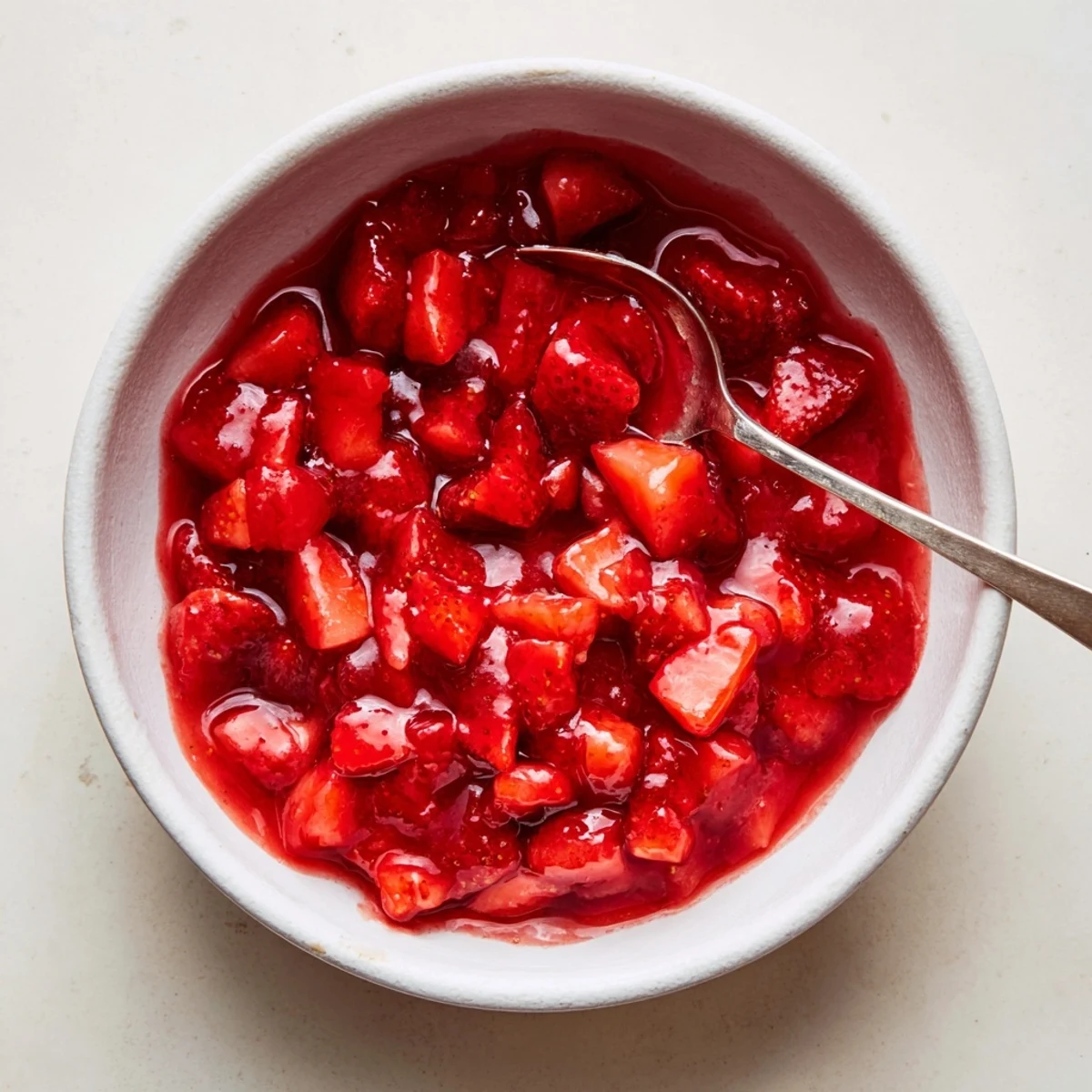 Spoonful of strawberry cake filling recipe between cake layers, glossy and vibrant  