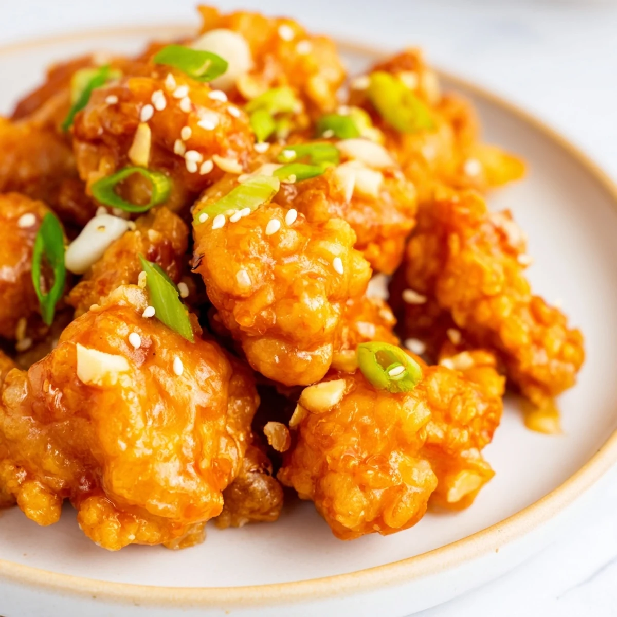 Golden crispy orange chicken pieces glazed in sweet tangy citrus sauce garnished with green onions