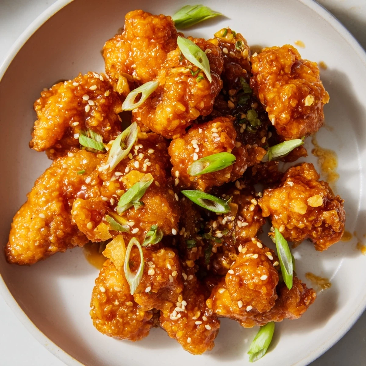 Chinese-American orange chicken dish served steaming over white rice with toasted sesame seed topping