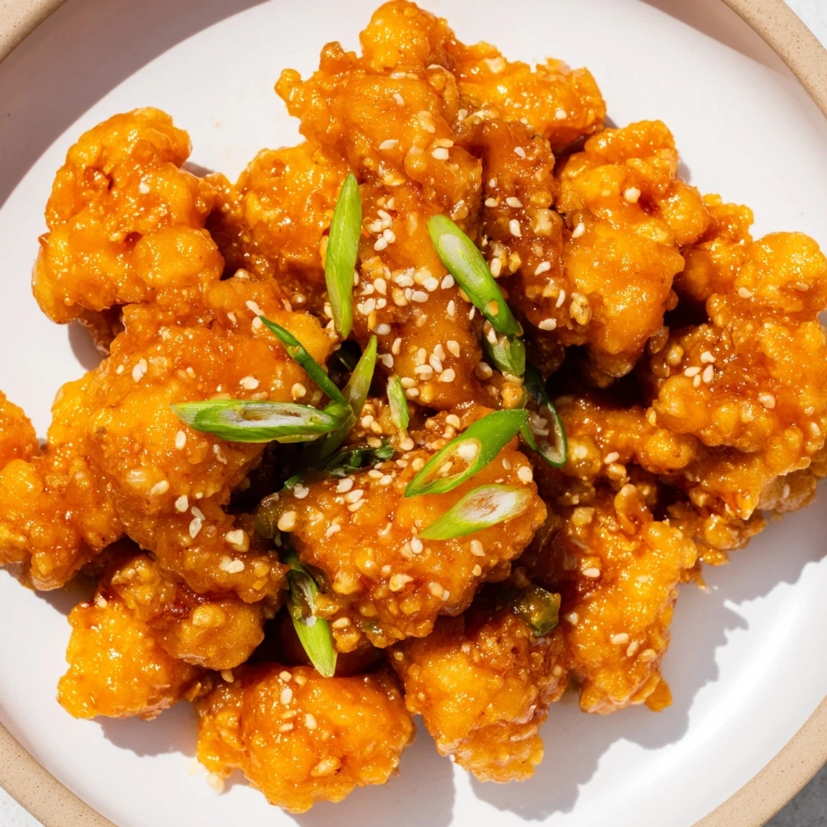 Crispy fried chicken bites coated in glossy orange ginger sauce with fresh sliced chili peppers