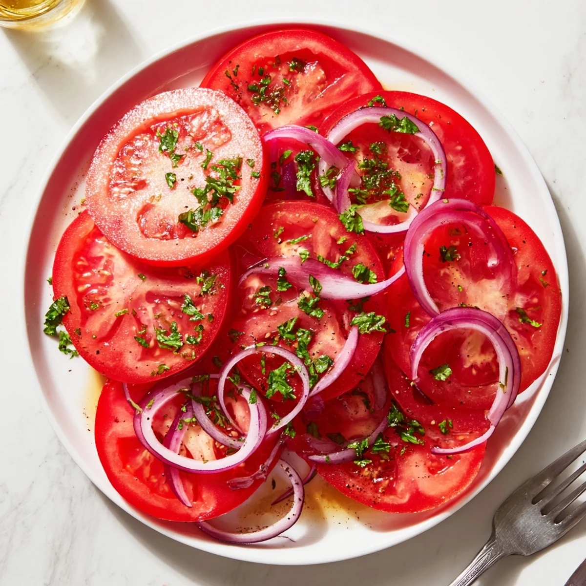 Vibrant tomato and onion salad arranged on a platter with light dressing coating the colorful vegetable layers and green parsley garnish