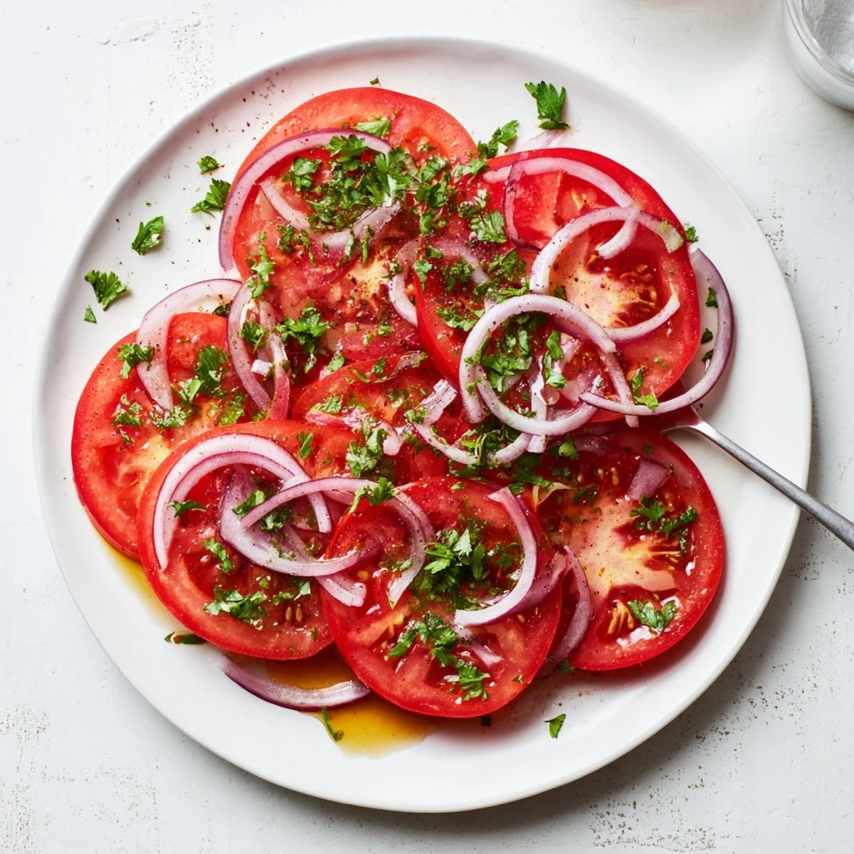 Crisp tomato and onion salad featuring ripe tomato slices topped with thinly sliced red onion and fresh chopped parsley herbs