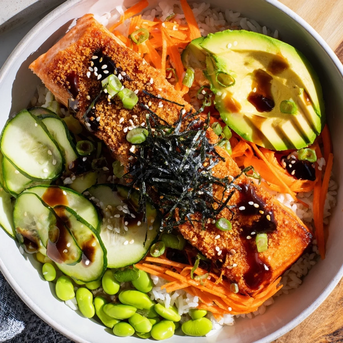 Golden crispy salmon fillet resting over fluffy white rice with fresh cucumber, avocado slices, and savory soy glaze drizzle
