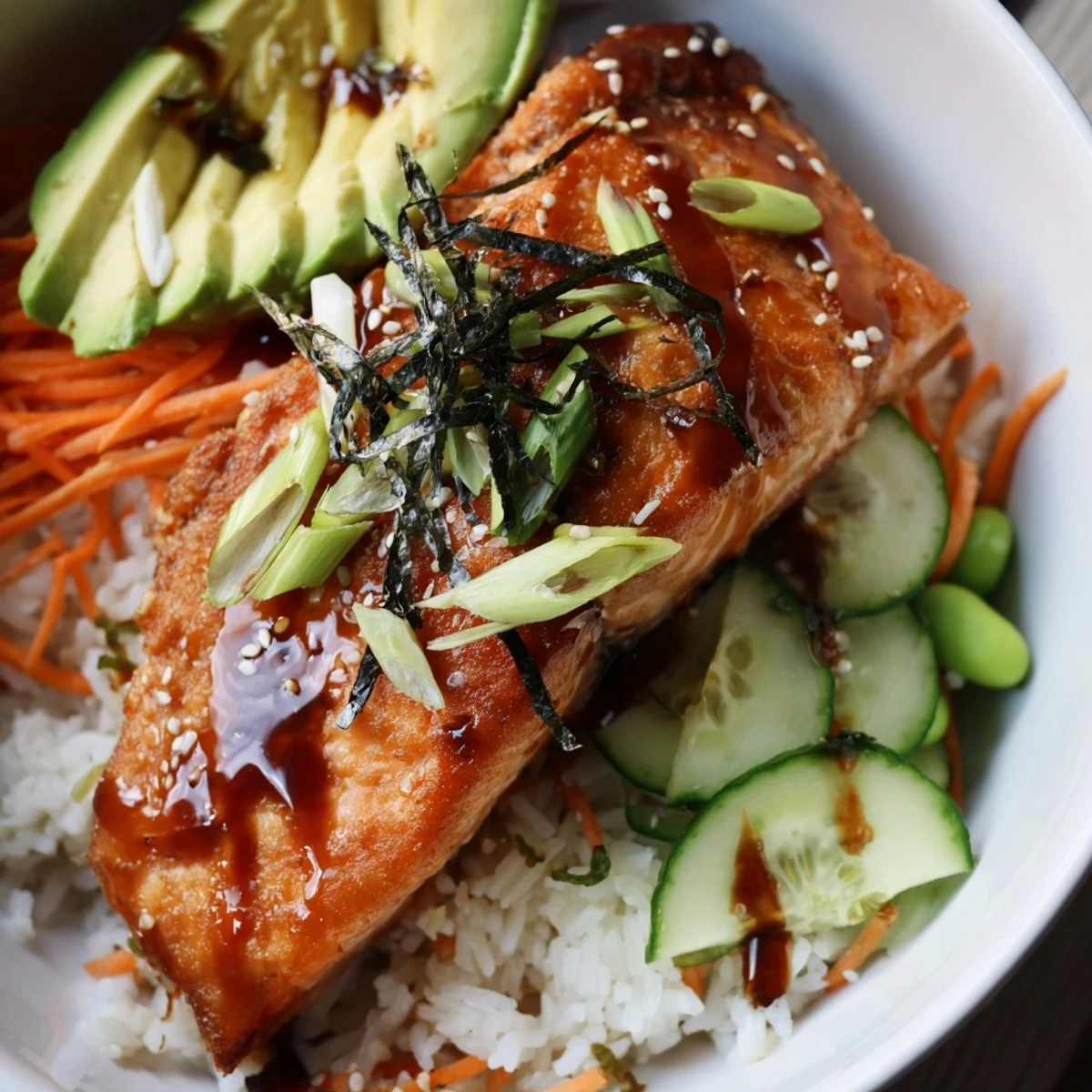 Asian-inspired crispy salmon bowl featuring steamed jasmine rice, creamy avocado, crisp vegetables, and tangy sriracha ginger sauce