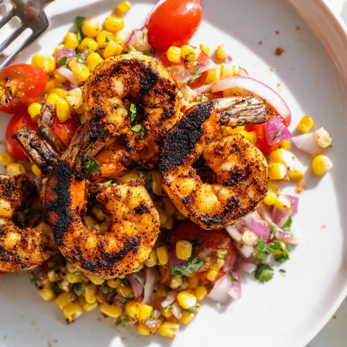 Golden grilled smoky charred shrimp with corn salsa arranged on a white serving platter