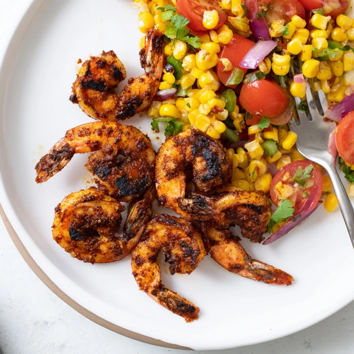Close-up of grilled smoky charred shrimp served over colorful corn salsa with cilantro