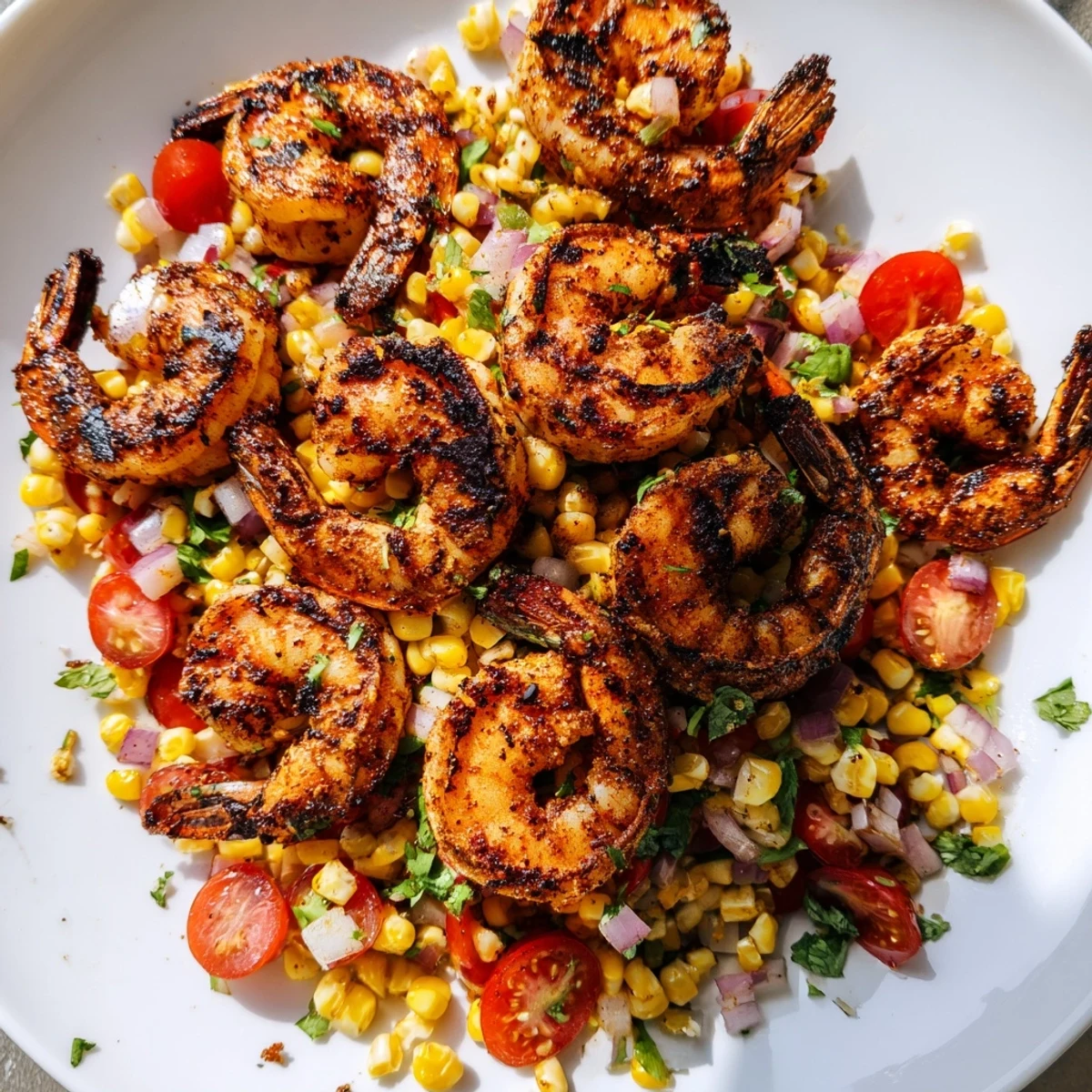 Plate of spicy smoky charred shrimp topped with fresh corn salsa and lime wedges
