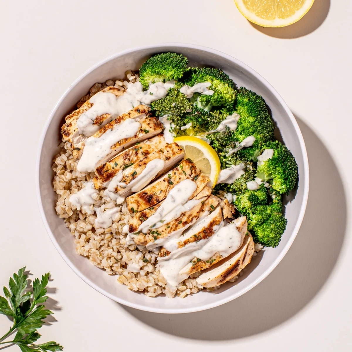 Grilled chicken and crisp broccoli florets topped with luscious garlic yogurt sauce in bowls.