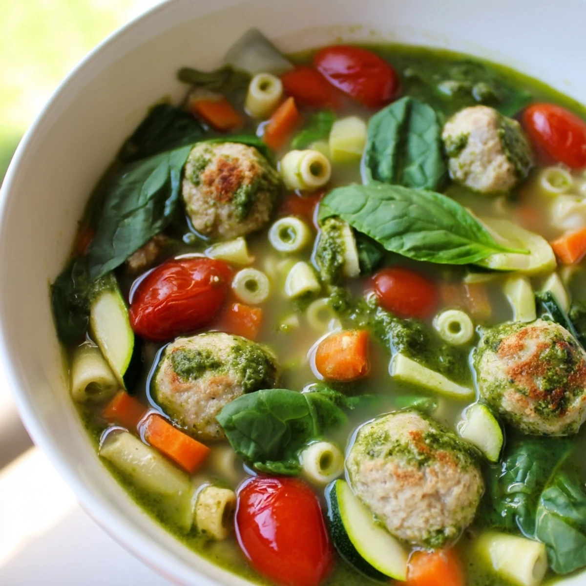 Golden summer pesto mini meatball soup featuring tender chicken meatballs, zucchini, cherry tomatoes, and fresh basil pesto swirl