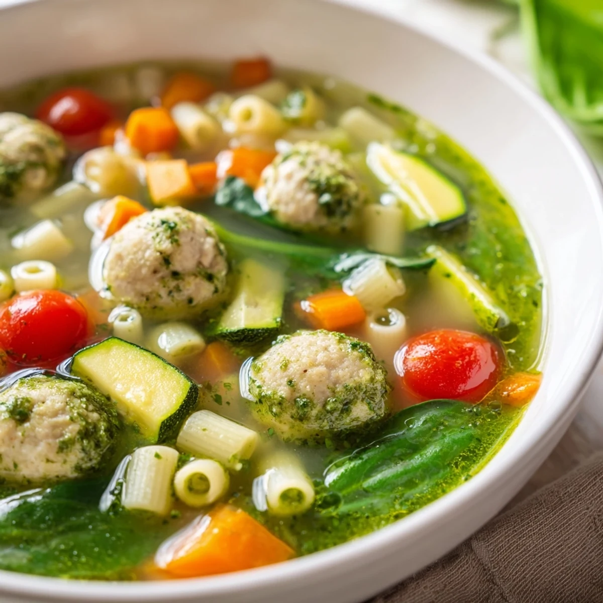 Hearty bowl of summer pesto mini meatball soup with seasonal vegetables, small pasta, and vibrant green basil pesto garnish