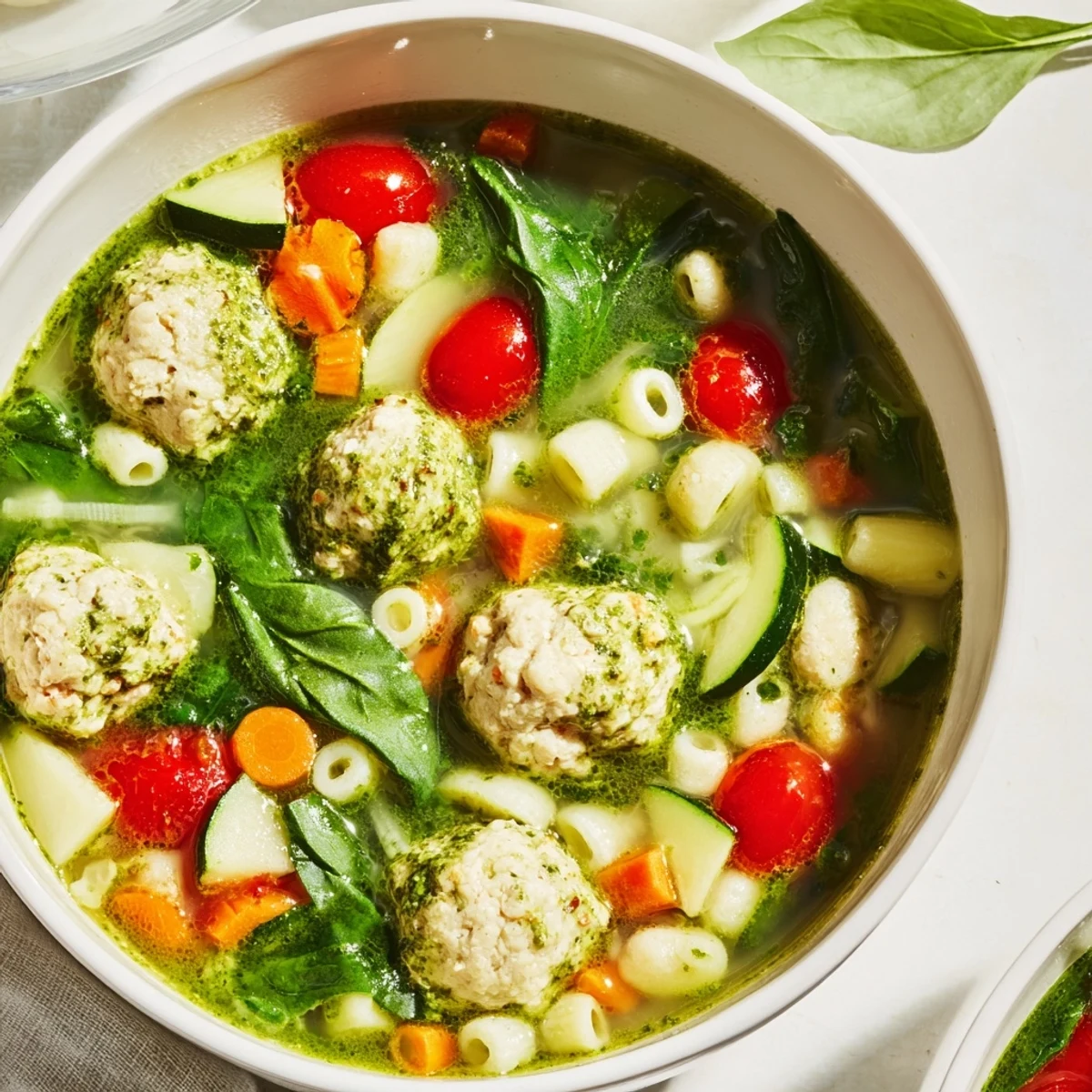 Spoon lifting tender mini meatballs and vegetables from summer pesto mini meatball soup with droplet of basil pesto
