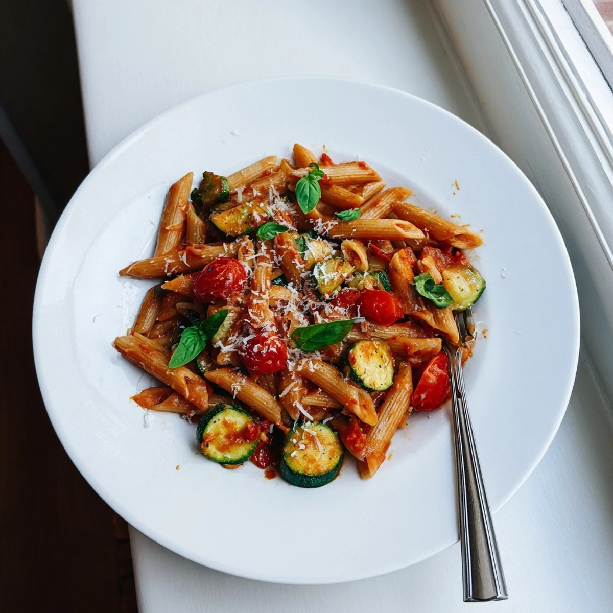 Golden tomato zucchini pasta tossed in olive oil with fresh basil and Parmesan cheese