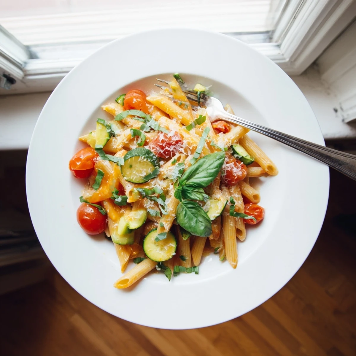 Healthy vegetarian spaghetti pasta with sautéed zucchini slices and juicy tomato basil garnish