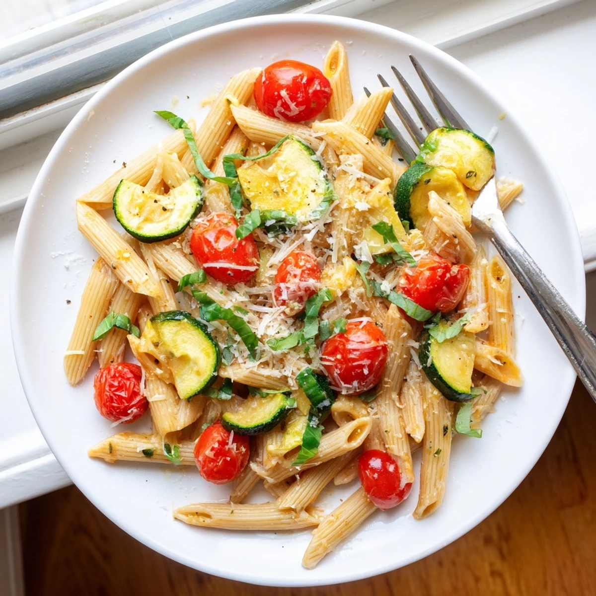Light Italian pasta dish featuring tender zucchini and ripe cherry tomatoes in garlic sauce