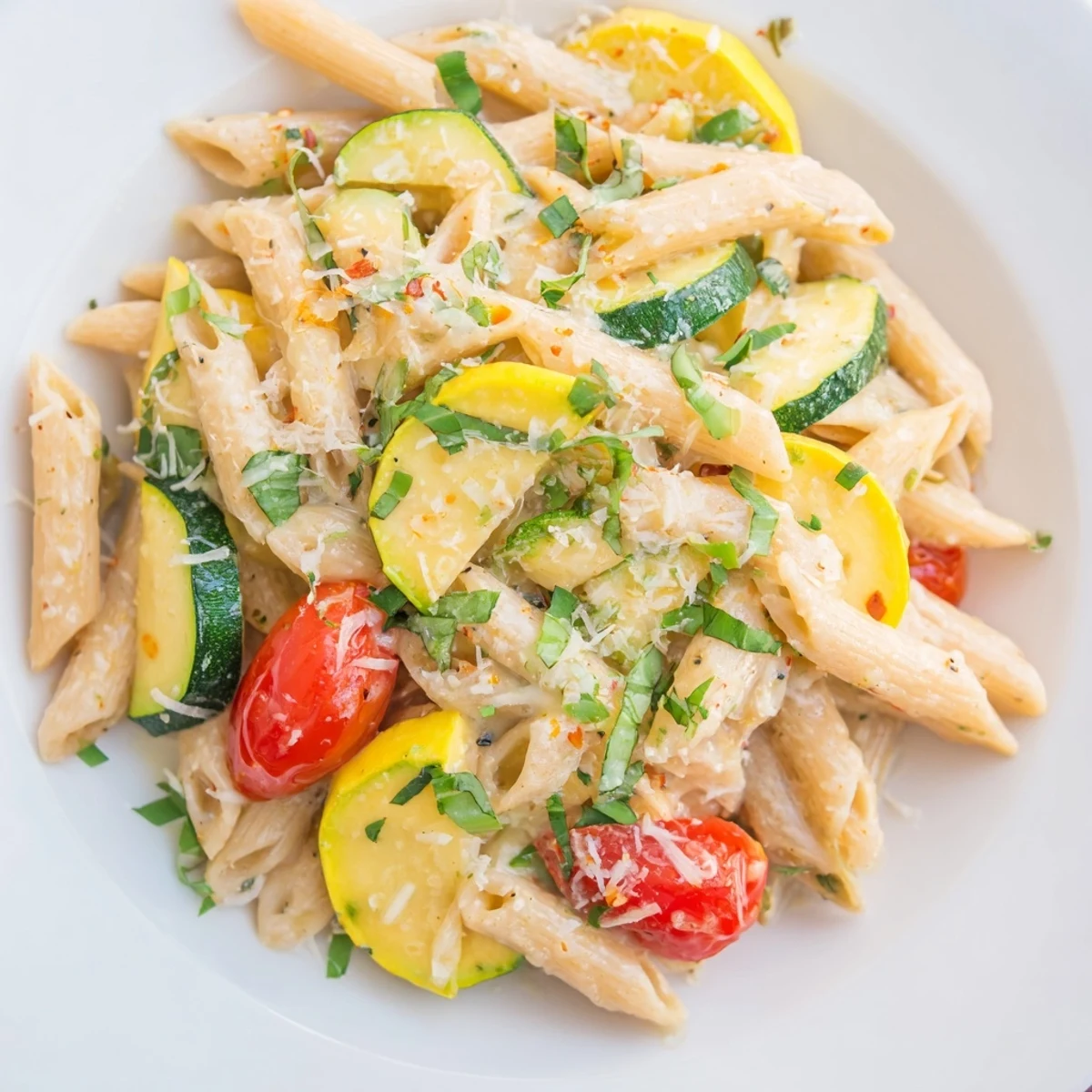 Golden summer squash pasta skillet with cherry tomatoes and fresh basil in a light sauce
