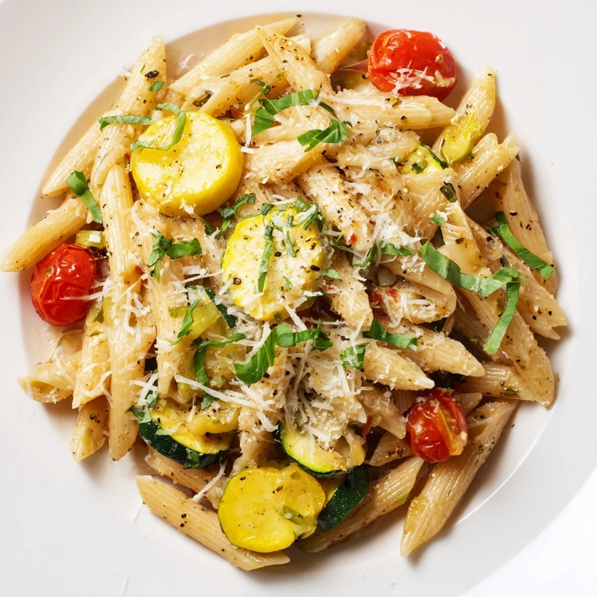Colorful one-pan summer squash pasta featuring tender zucchini, ripe tomatoes, and grated Parmesan cheese