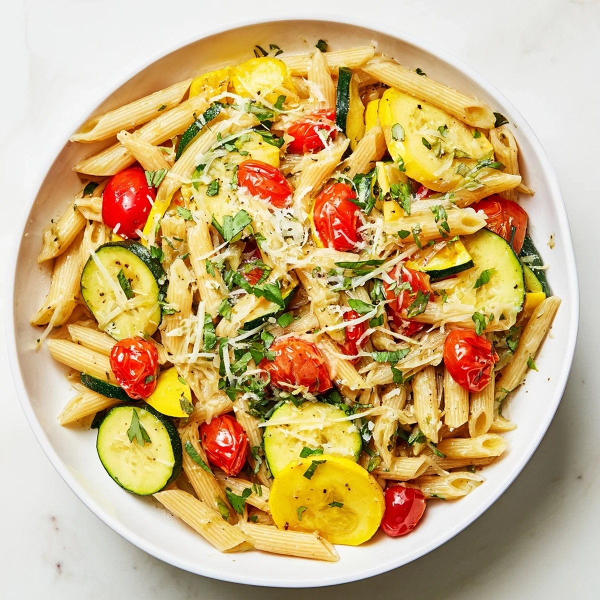 Savory skillet of summer squash pasta with herbs, garlic, and al dente pasta noodles
